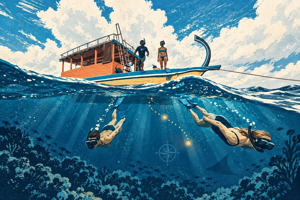 Two snorkellers diving off a traditional dhoni into open reef water
