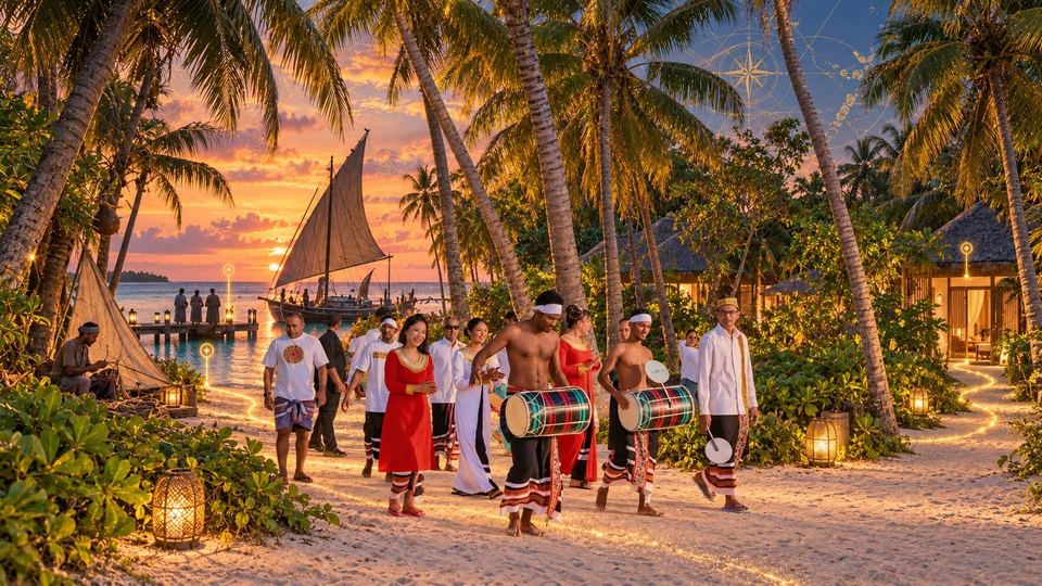A boduberu drum procession on a lantern-lit local island path at sunset