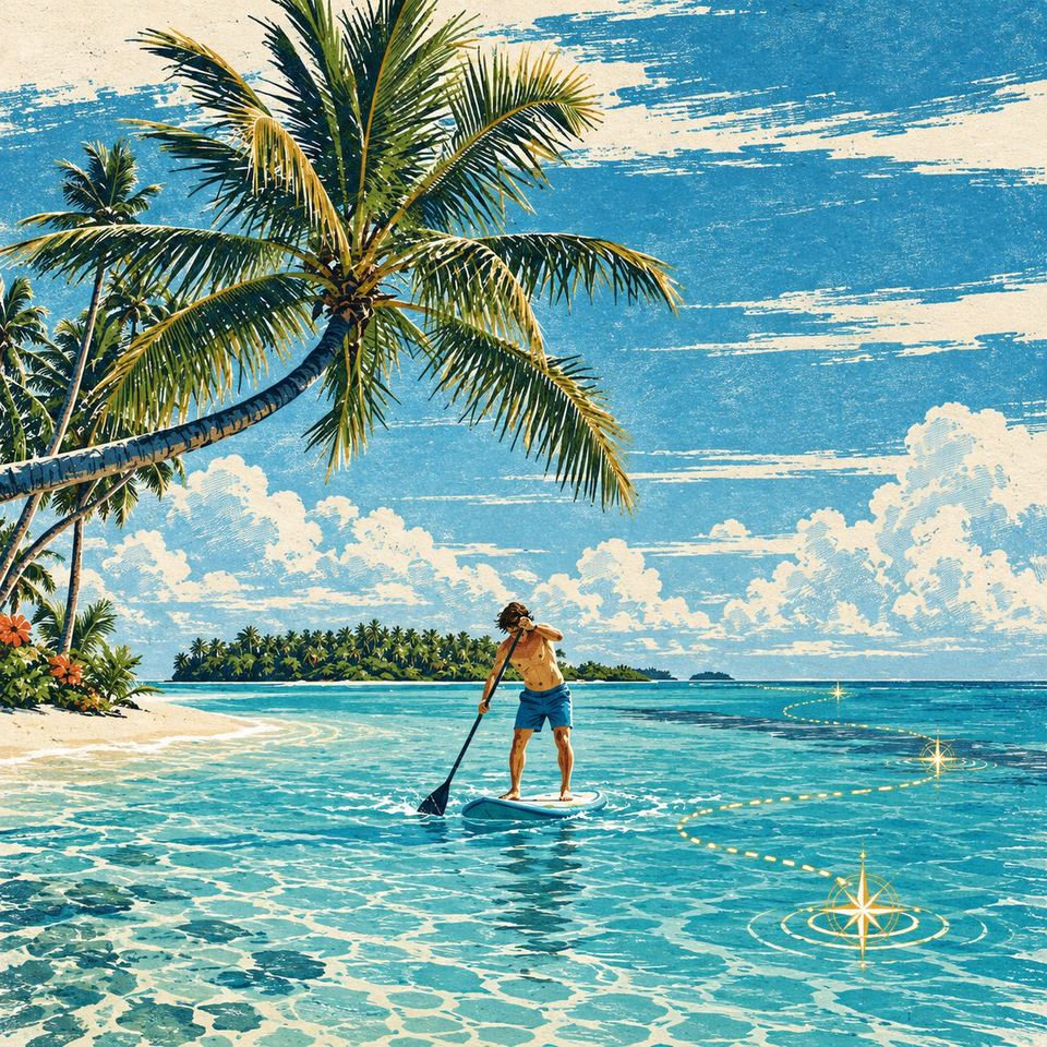 A paddleboarder crossing a still lagoon at golden hour