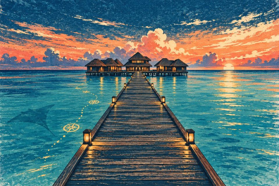 A lantern-lit jetty leading to overwater villas at sunset