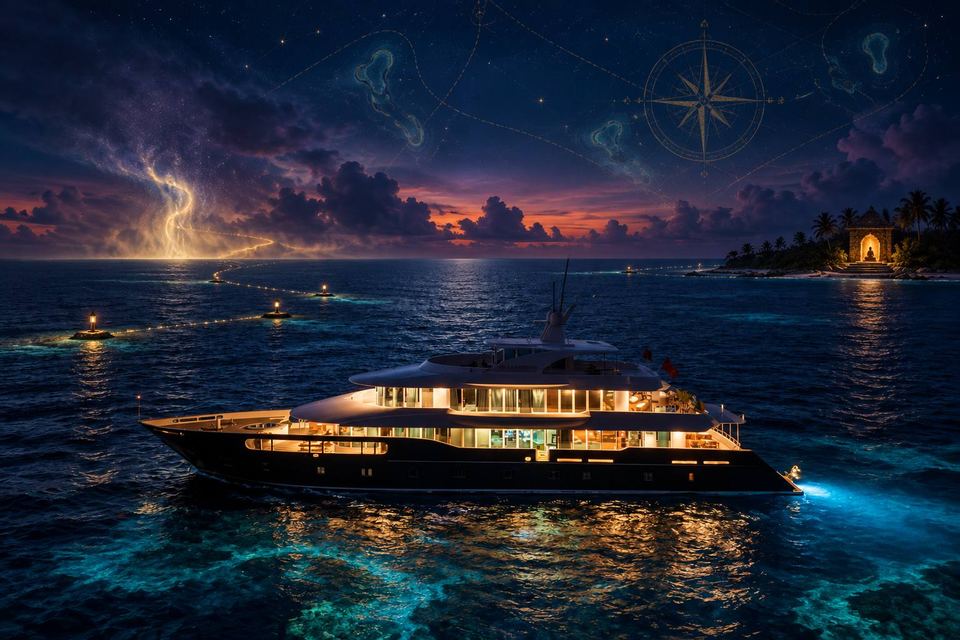 A lit liveaboard yacht crossing a dark sea at night under a star chart sky