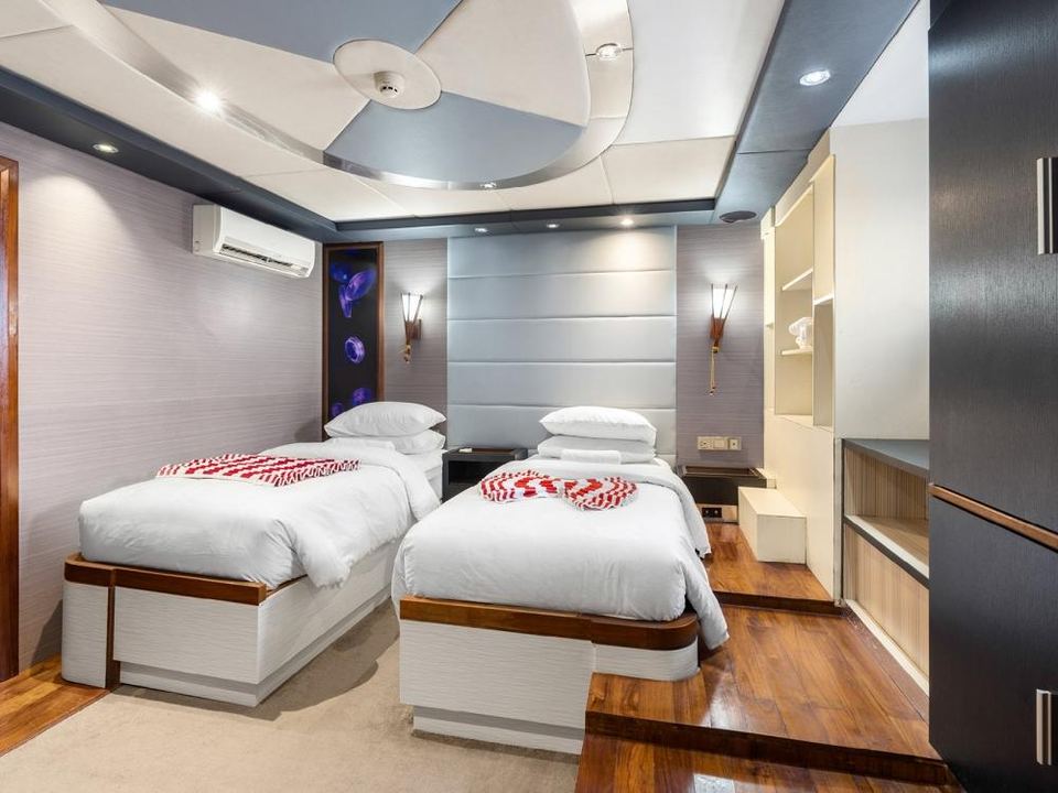 Twin cabin: Two single beds, an en-suite bathroom and a backlit jellyfish panel on the wall.