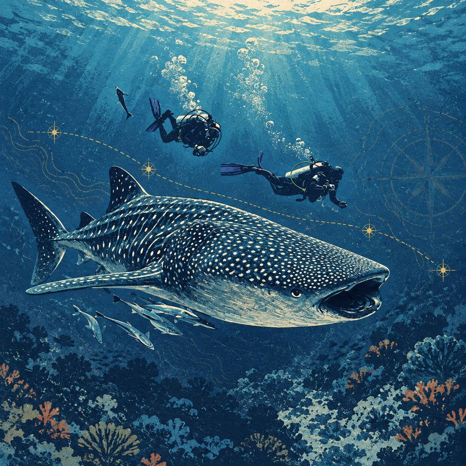 Two divers descending near a whale shark over the reef
